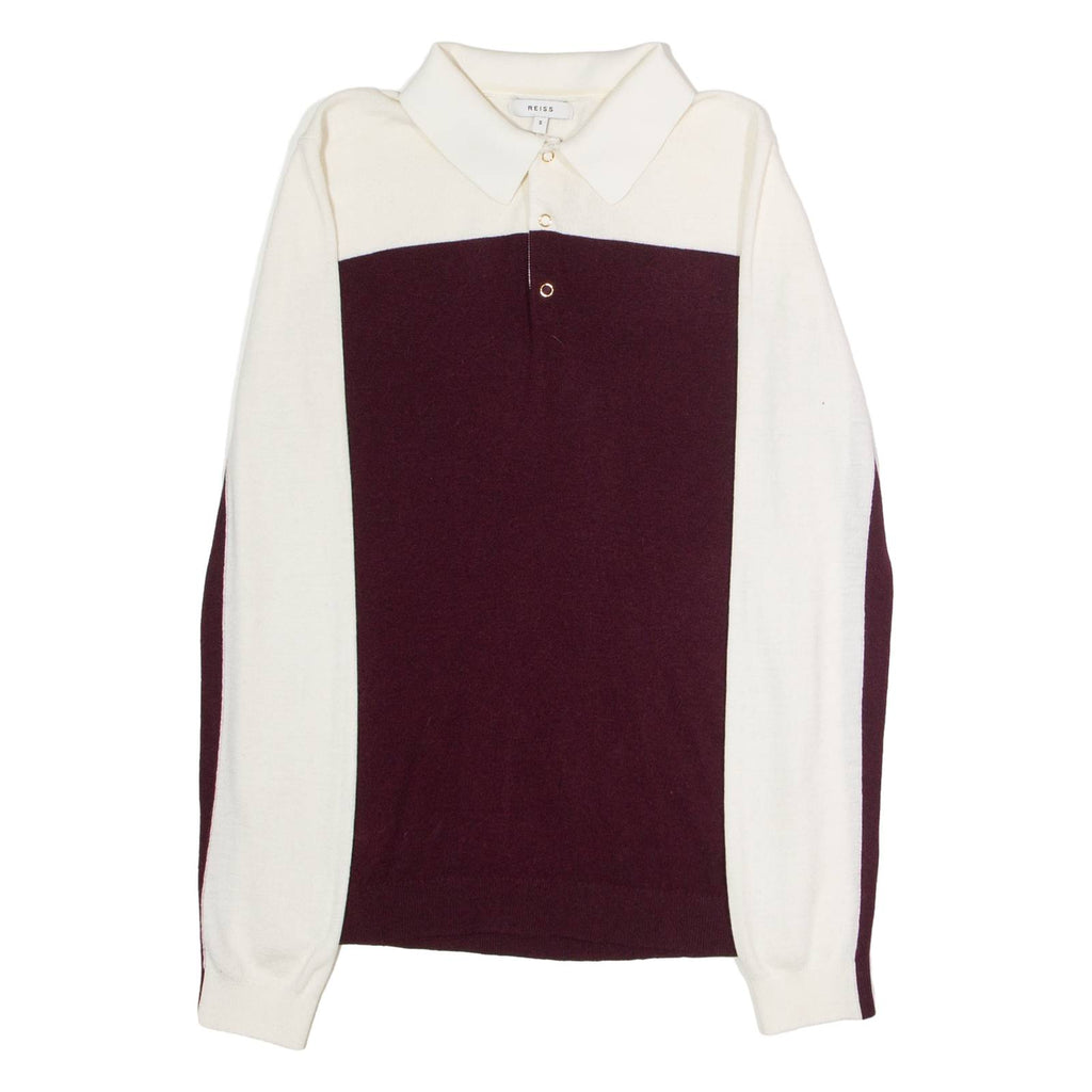 REISS Mens Patterned Jumper Maroon Colourblock Collared Tight Knit Wool S