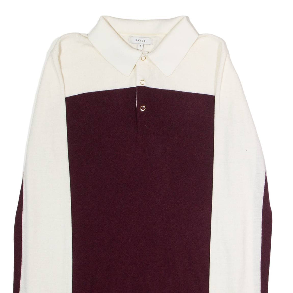 REISS Mens Patterned Jumper Maroon Colourblock Collared Tight Knit Wool S