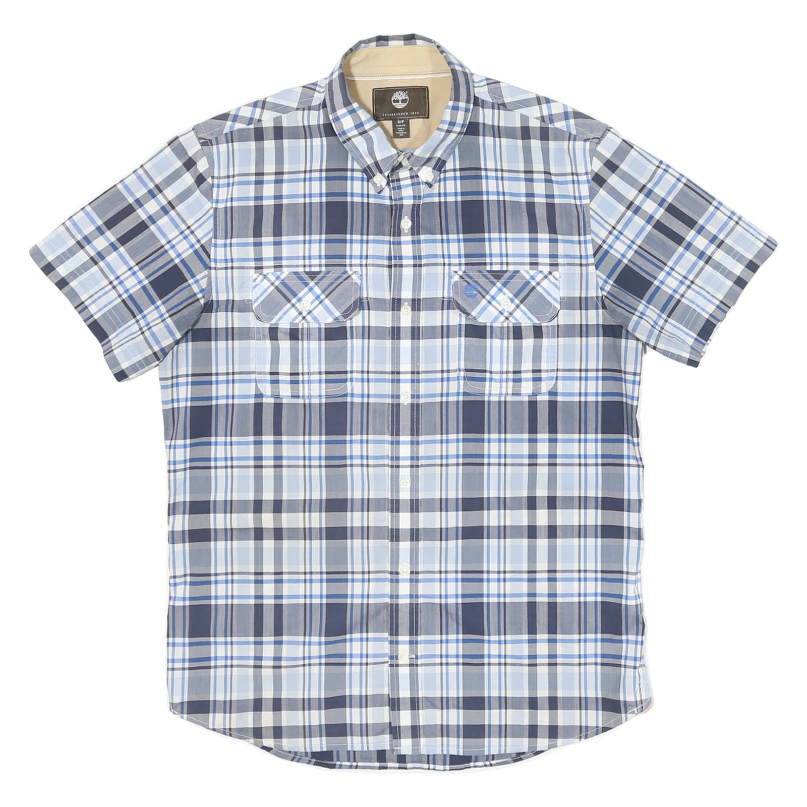 TIMBERLAND Mens Blue & Grey Check Shirt S Cotton Blend Summer Casual