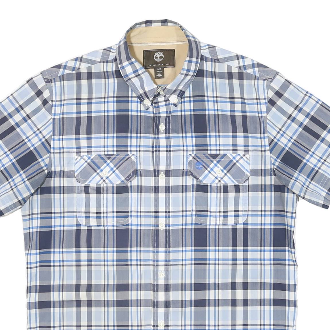 TIMBERLAND Mens Blue & Grey Check Shirt S Cotton Blend Summer Casual