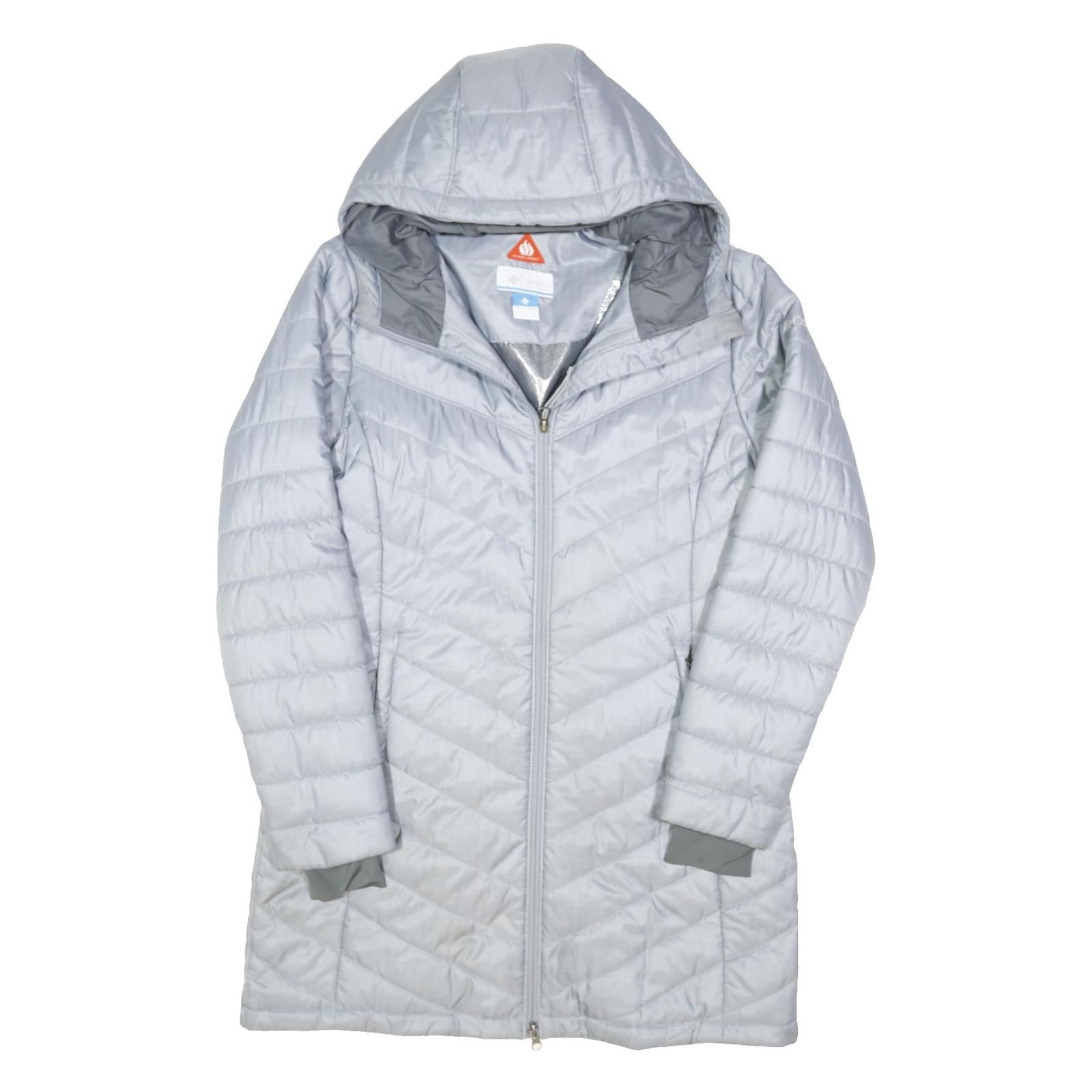 COLUMBIA Womens Silver Long Sleeve Zip Quilted Jacket L Polyester Blend Hooded