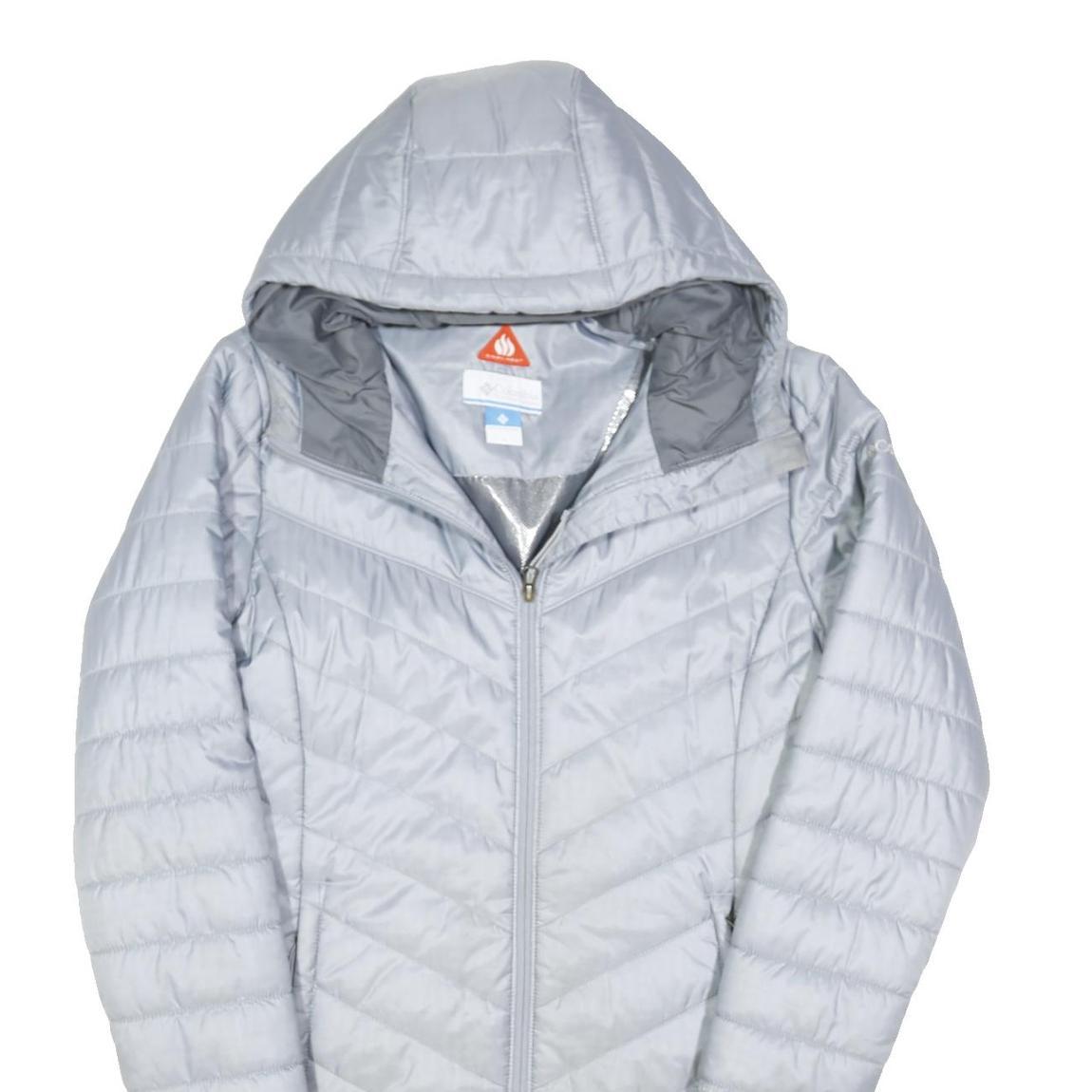 COLUMBIA Womens Silver Long Sleeve Zip Quilted Jacket L Polyester Blend Hooded