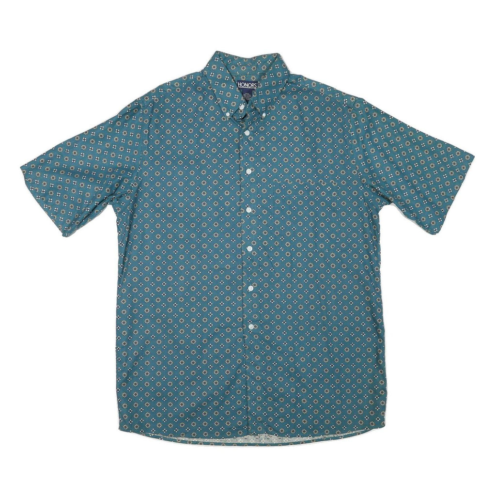 HONOURS Mens Blue Pattern Shirt L Cotton Blend Button Short Sleeve
