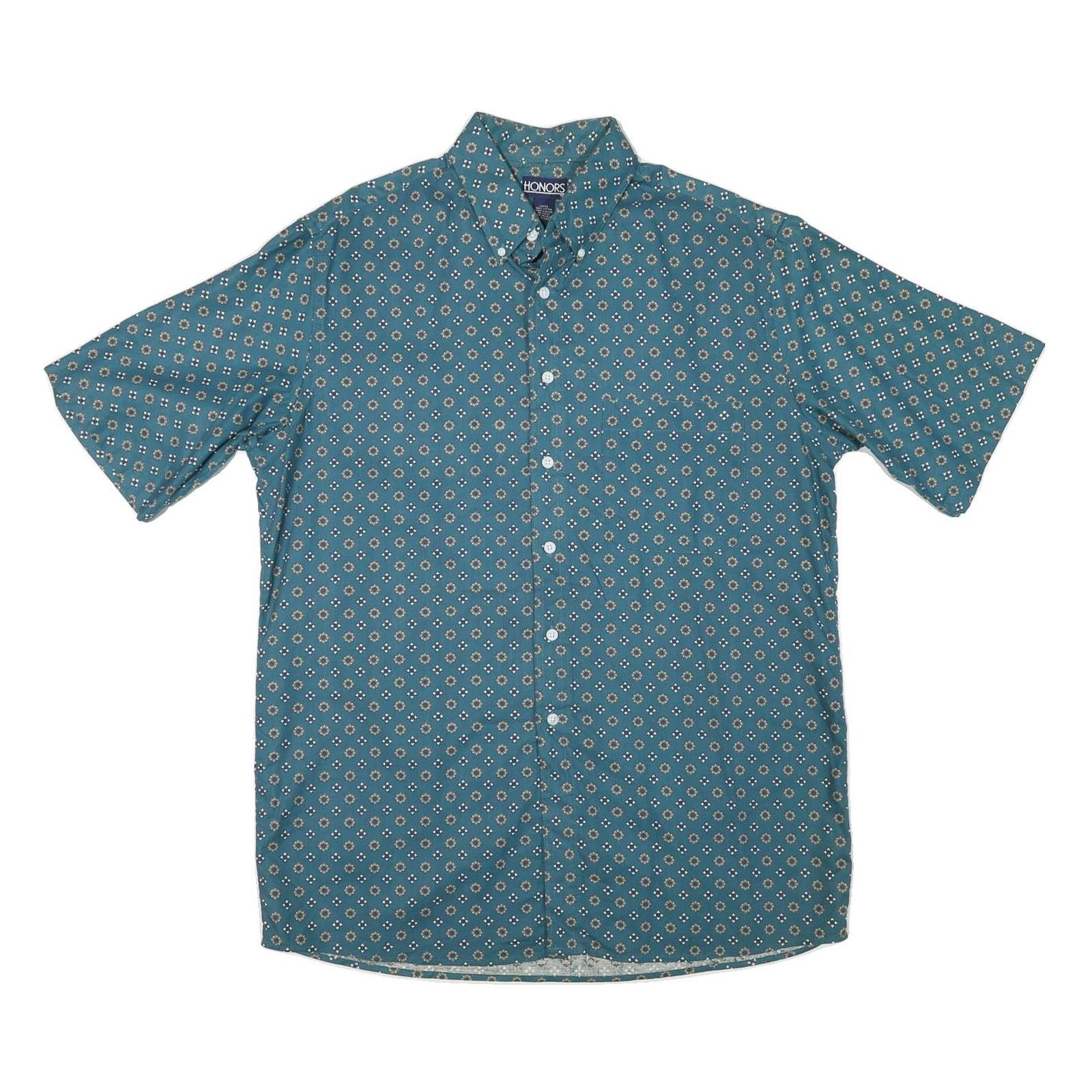 HONOURS Mens Blue Pattern Shirt L Cotton Blend Button Short Sleeve