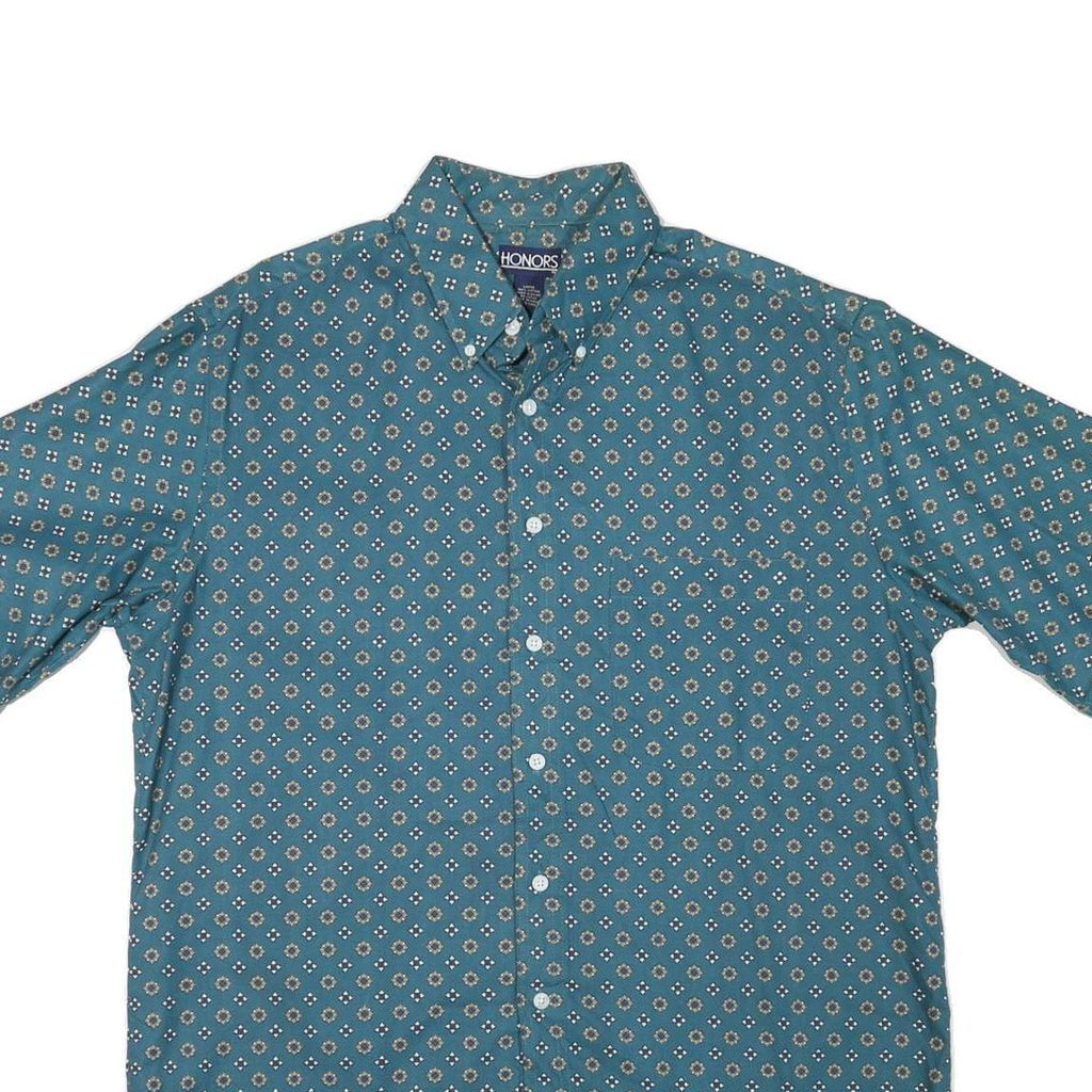 HONOURS Mens Blue Pattern Shirt L Cotton Blend Button Short Sleeve