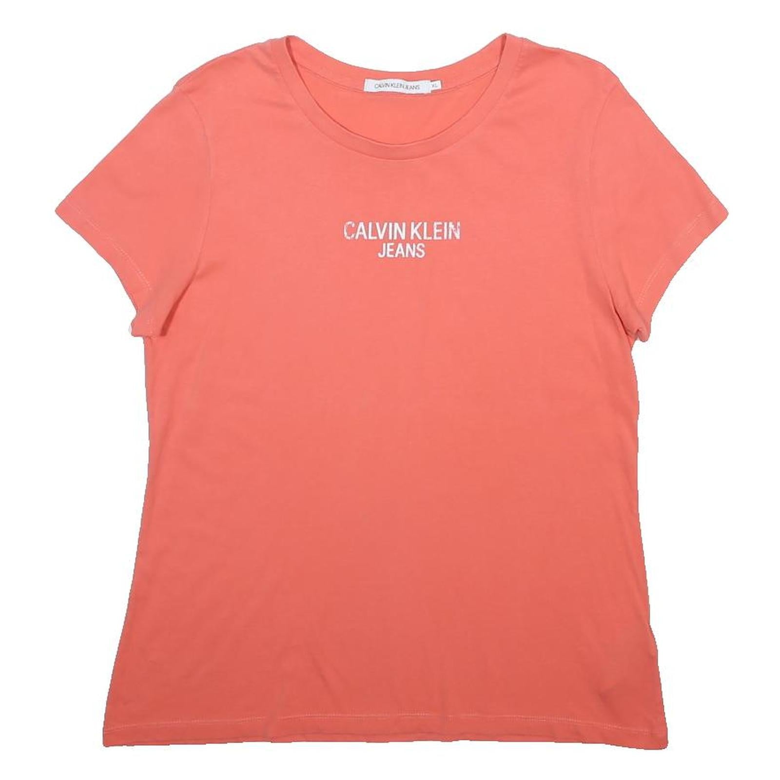 CALVIN KLEIN JEANS Womens Coral T-Shirt XL Short Sleeve Crew Neck Logo Print