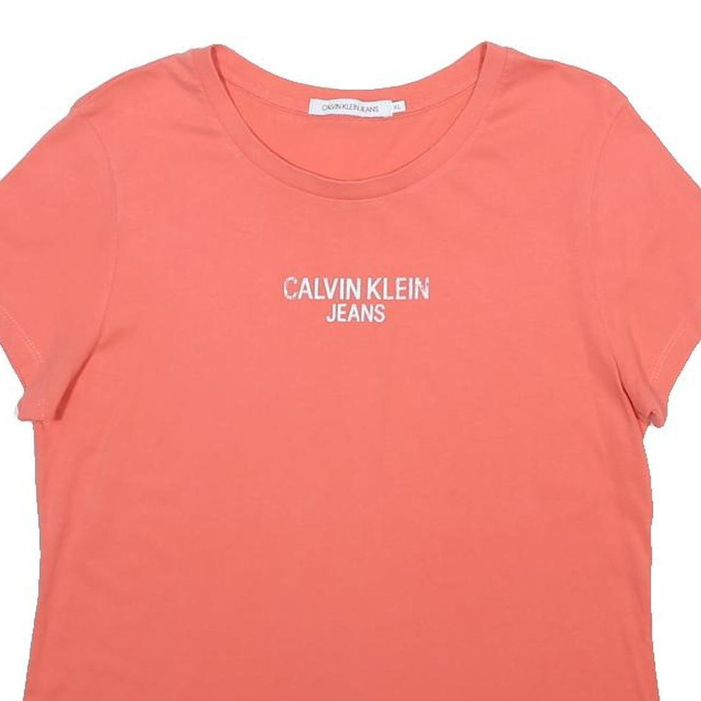 CALVIN KLEIN JEANS Womens Coral T-Shirt XL Short Sleeve Crew Neck Logo Print
