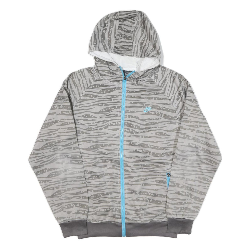 NIKE Mens Grey Blue Printed Jacket L Polyester Blend Zip Hooded Regular Fit