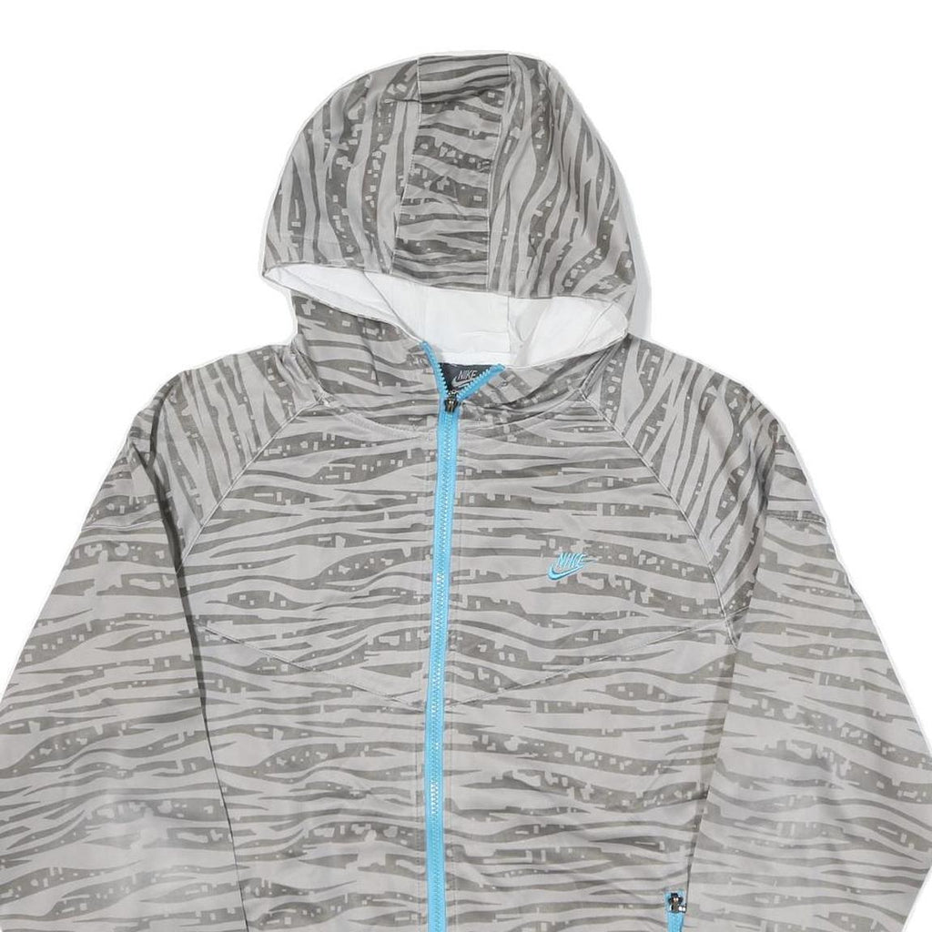 NIKE Mens Grey Blue Printed Jacket L Polyester Blend Zip Hooded Regular Fit