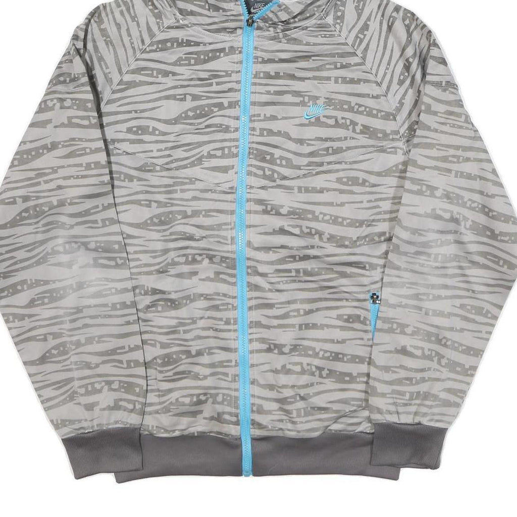 NIKE Mens Grey Blue Printed Jacket L Polyester Blend Zip Hooded Regular Fit