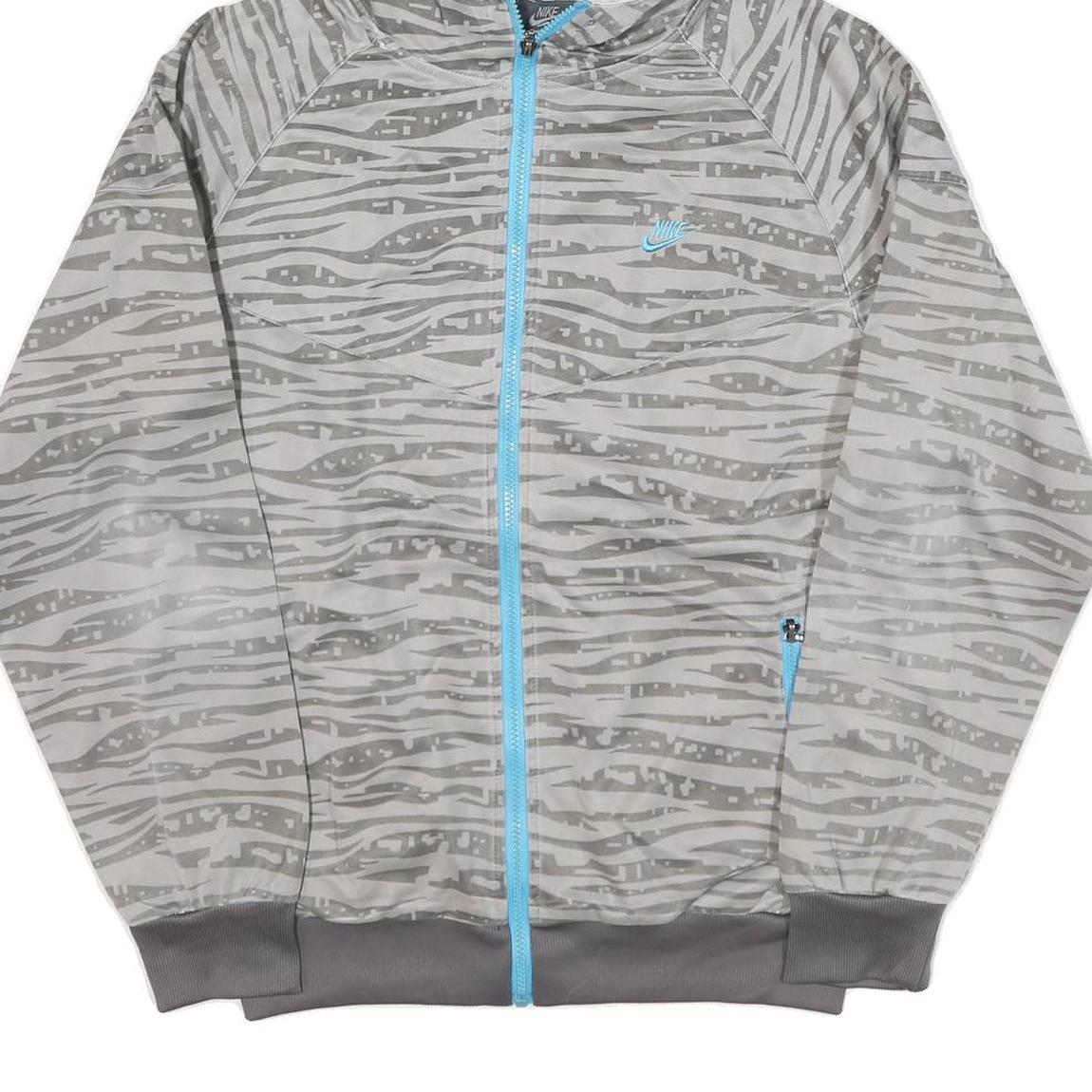 NIKE Mens Grey Blue Printed Jacket L Polyester Blend Zip Hooded Regular Fit