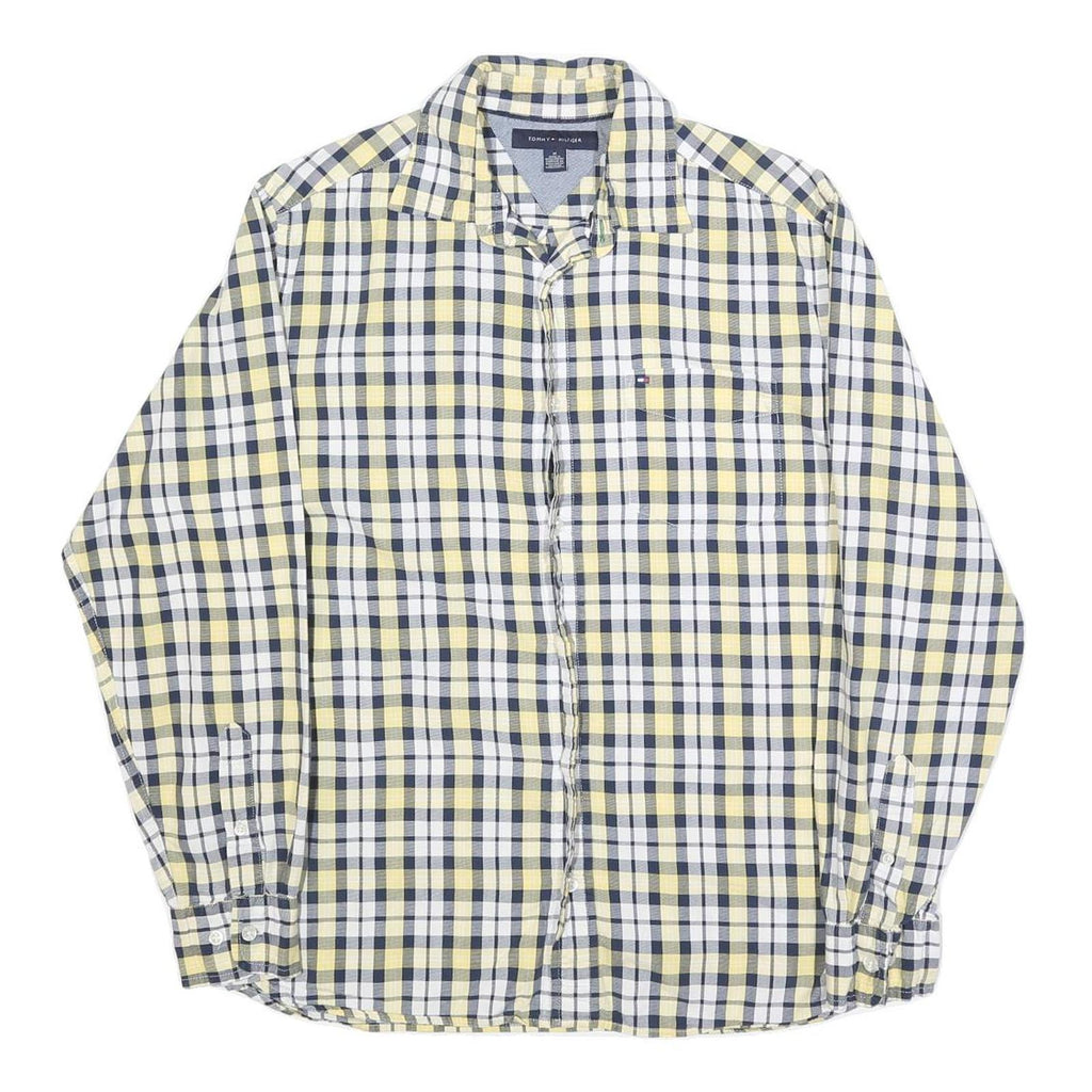 TOMMY HILFIGER Mens Yellow & Navy Check Shirt M Classic Cotton Long Sleeve