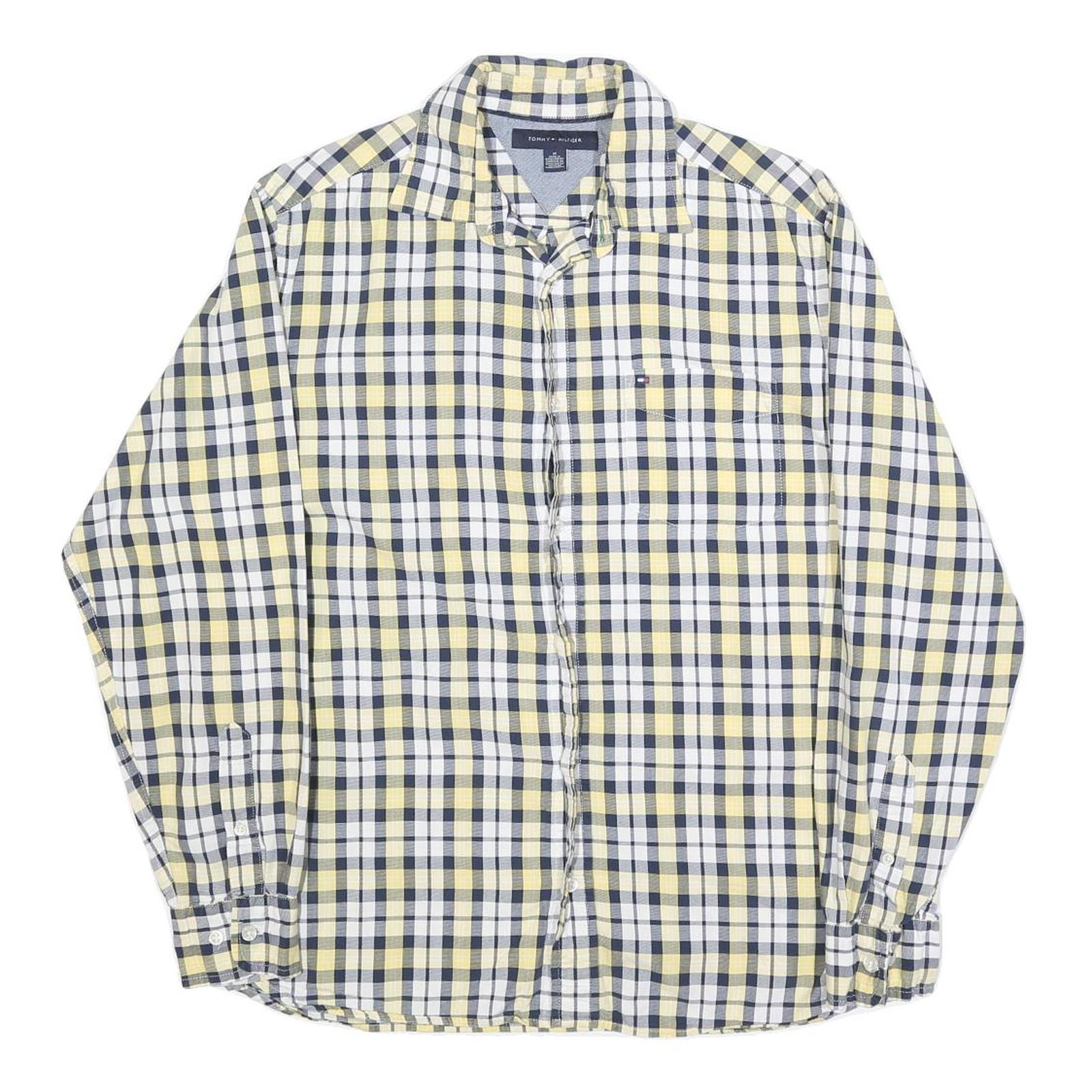 TOMMY HILFIGER Mens Yellow & Navy Check Shirt M Classic Cotton Long Sleeve