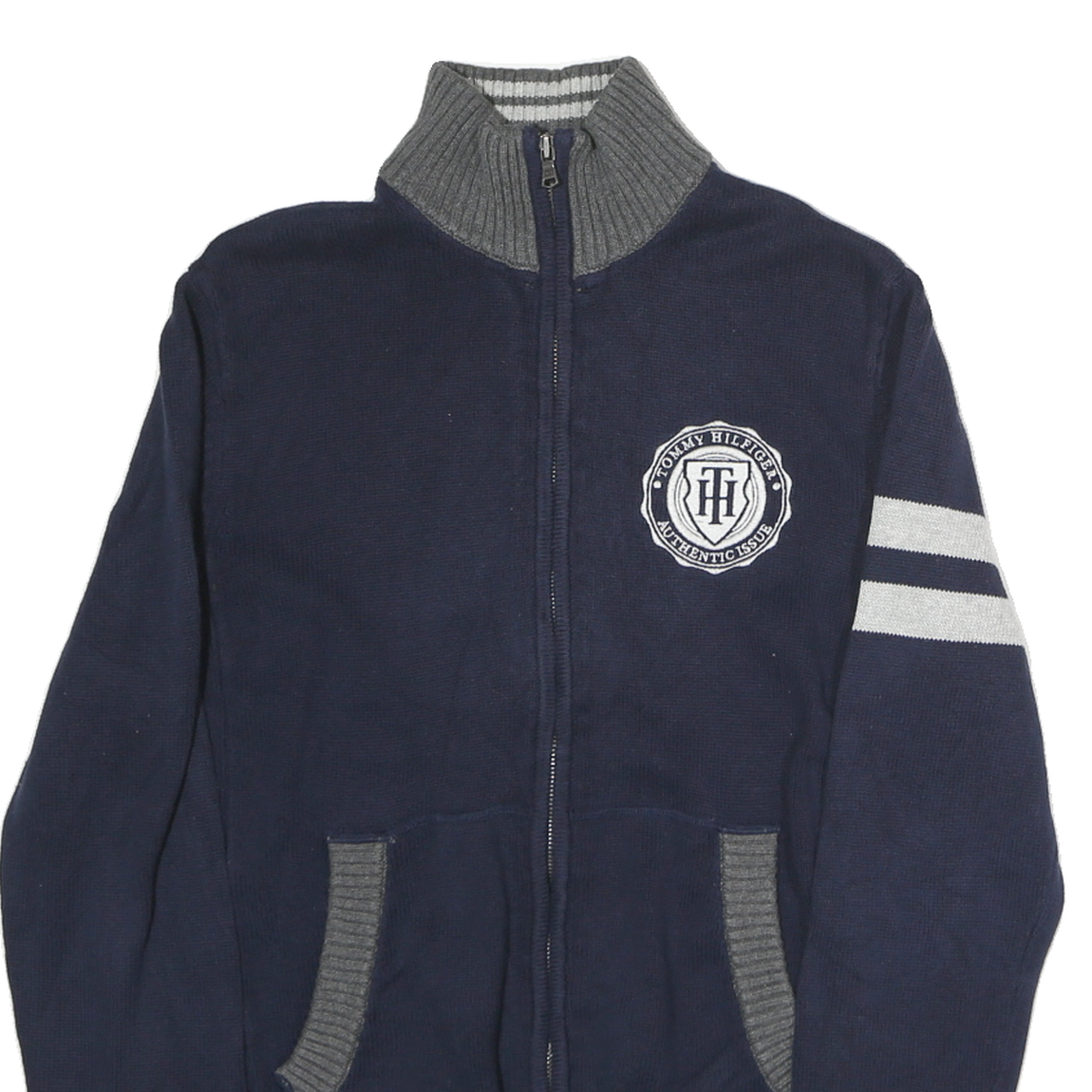 NAUTICA Mens Navy & Grey Tommy Hilfiger Patterned Jumper Collared Full Zip