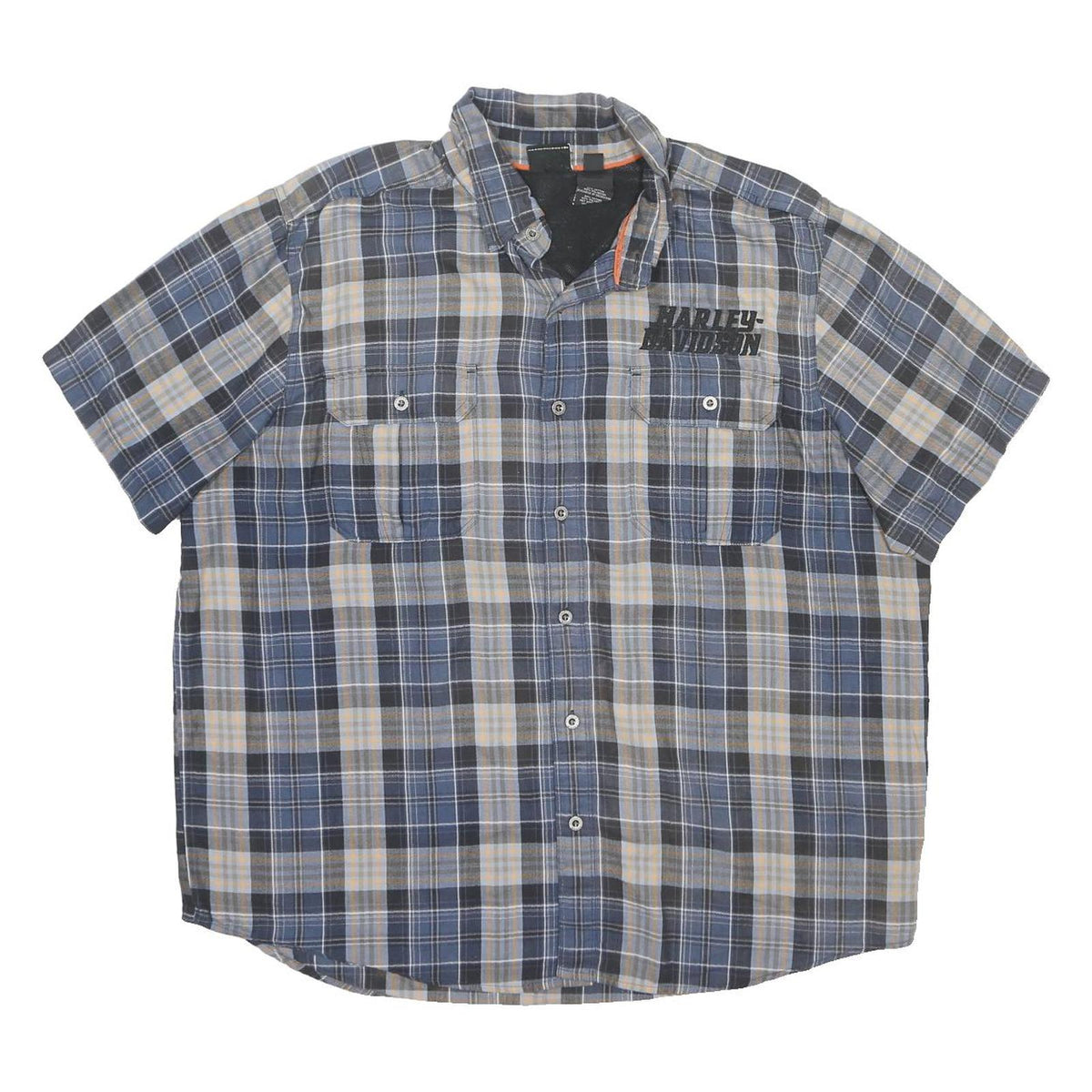 HARLEY DAVIDSON Mens Blue & Beige Plaid Cotton Blend Shirt 2XL Short Sleeve