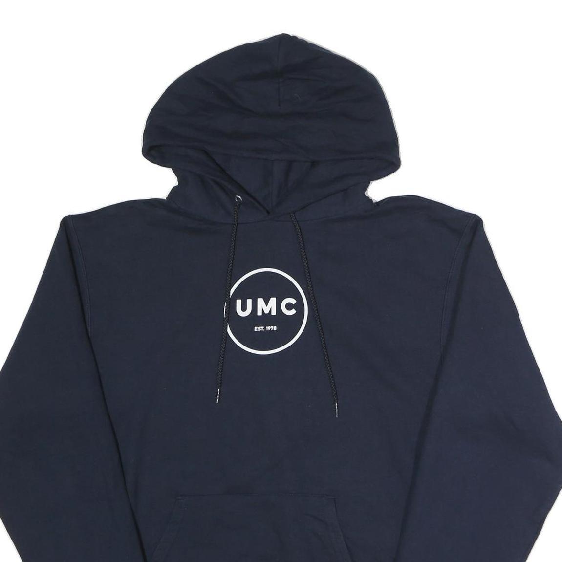 CHAMPION Mens Navy Blue Pullover Hoodie M UMC Graphic Print