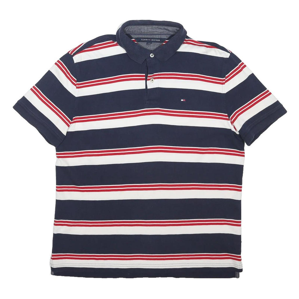 TOMMY HILFIGER Mens Navy Blue White & Red Striped Short Sleeve Polo Shirt L