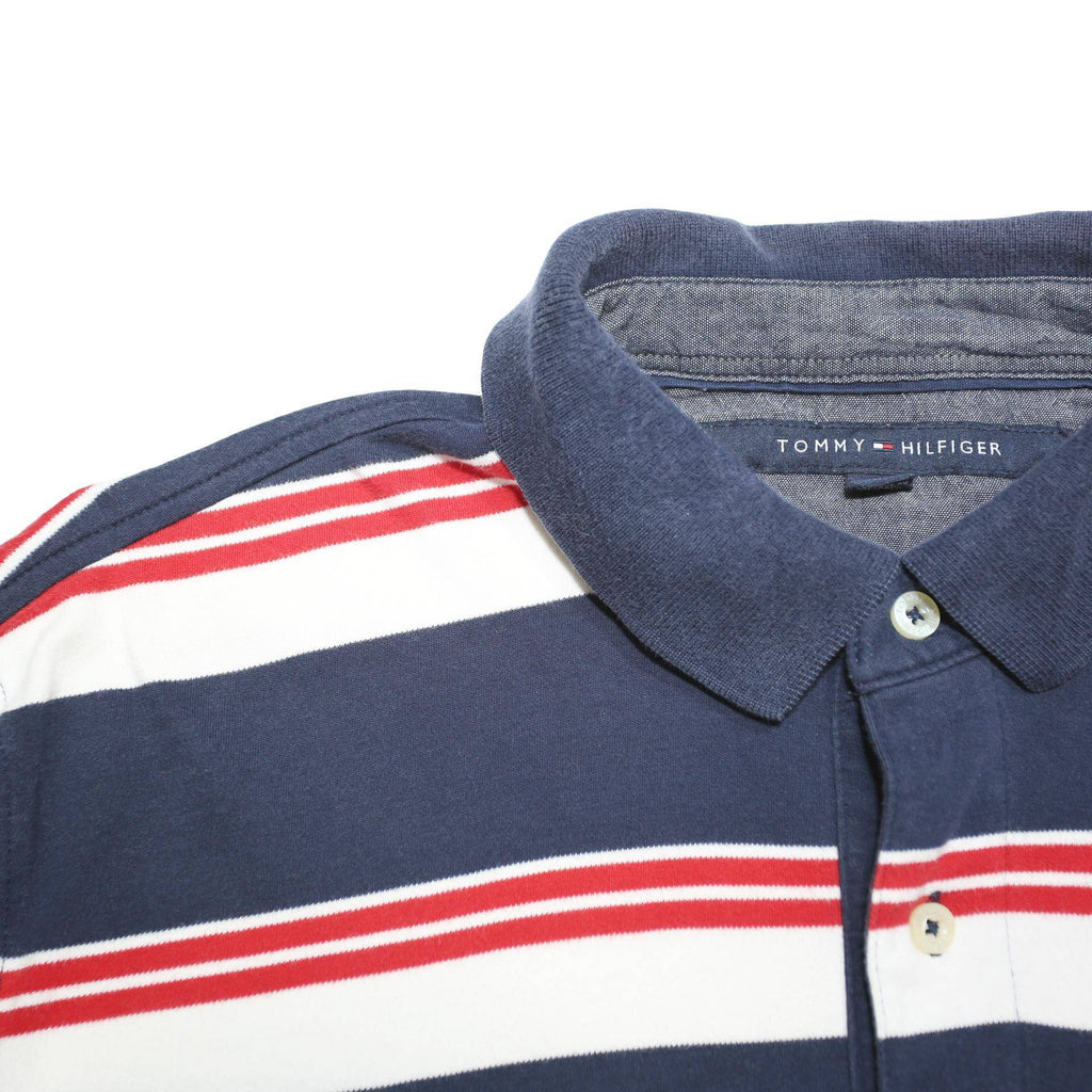 TOMMY HILFIGER Mens Navy Blue White & Red Striped Short Sleeve Polo Shirt L