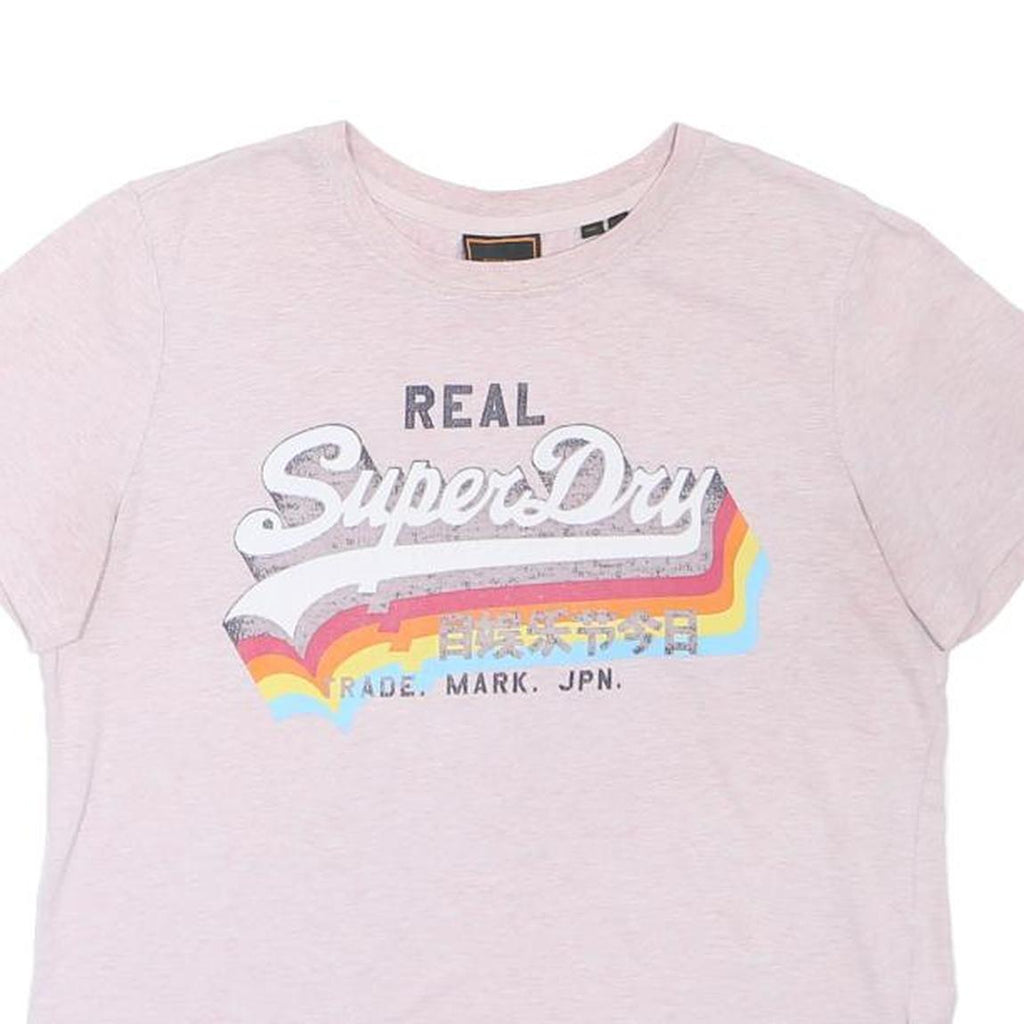SUPERDRY Womens Pink Cotton Blend T-Shirt UK 12 Short Sleeve Crew Neck Logo