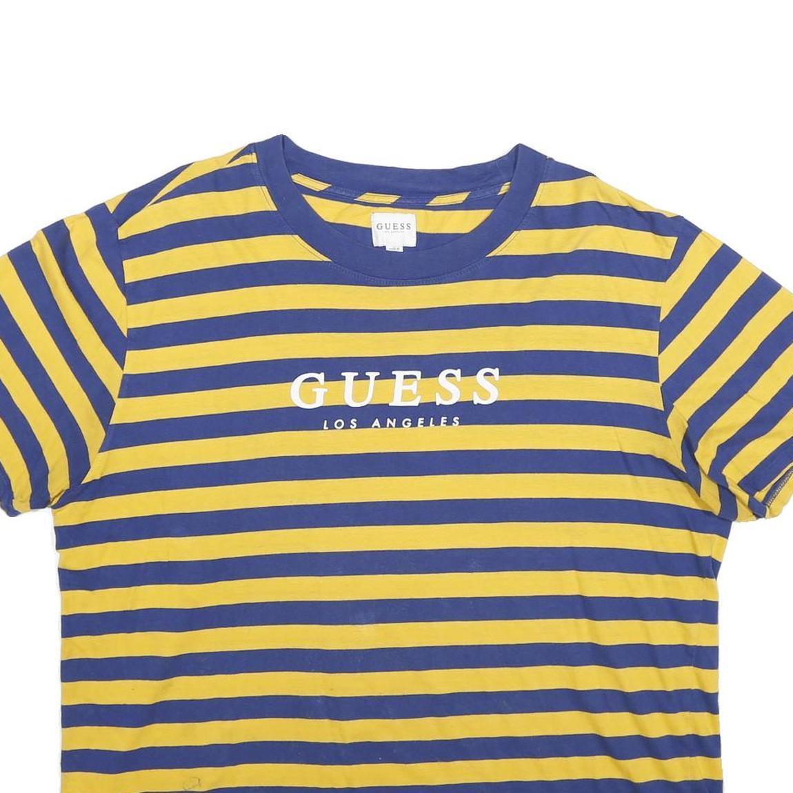 GUESS Mens Yellow & Blue Striped Graphic T-Shirt L Short Sleeve Crew Neck
