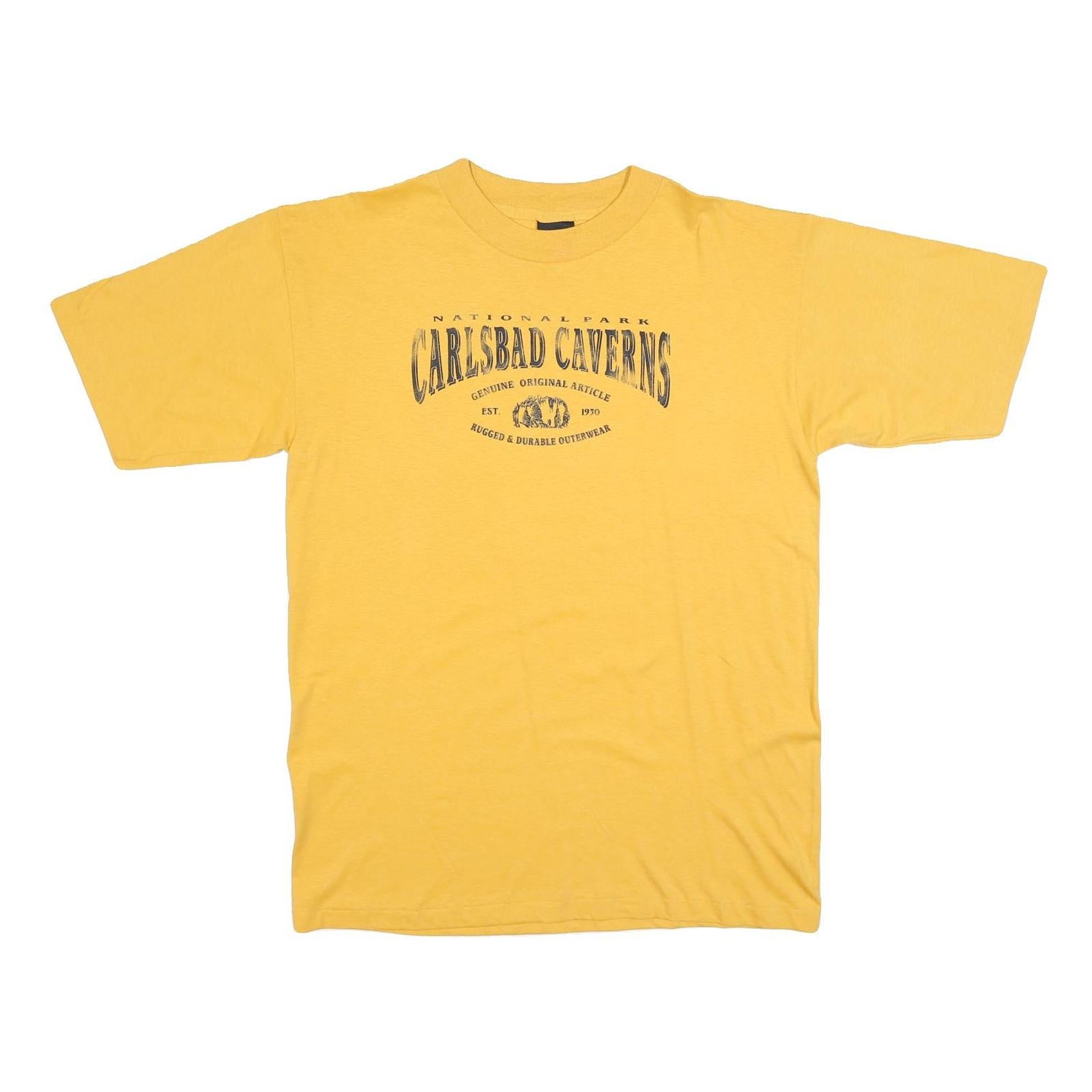 PRAIRIE MOUNTAIN Mens Yellow Carlsbad Caverns Graphic T-Shirt L Short Sleeve