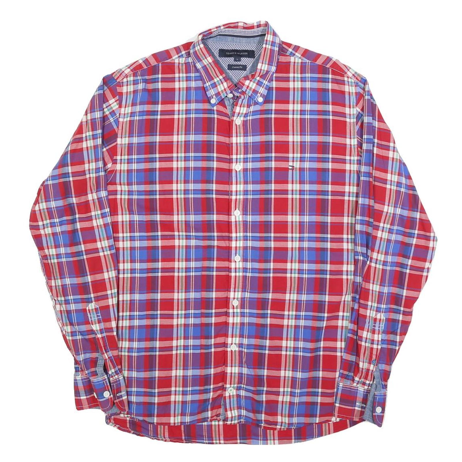 TOMMY HILFIGER Mens Red & Blue Check Shirt L Button-Down Long Sleeve Casual