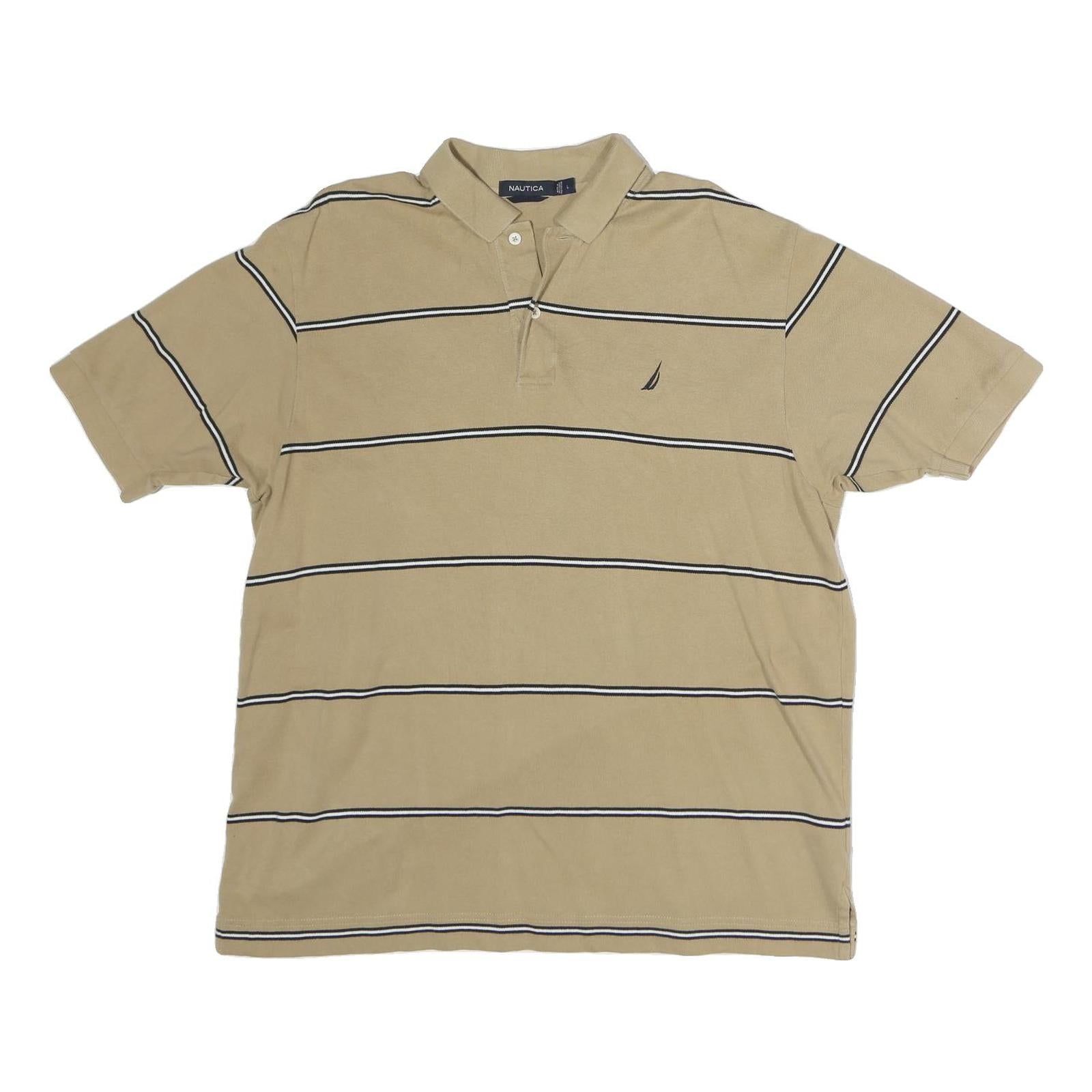 NAUTICA Mens Beige Striped Short Sleeve Polo Shirt L Cotton Casual Summer