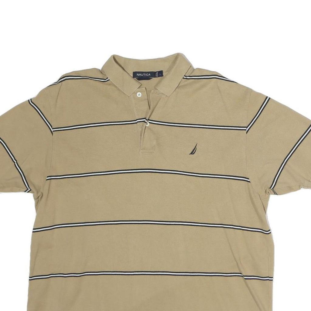 NAUTICA Mens Beige Striped Short Sleeve Polo Shirt L Cotton Casual Summer