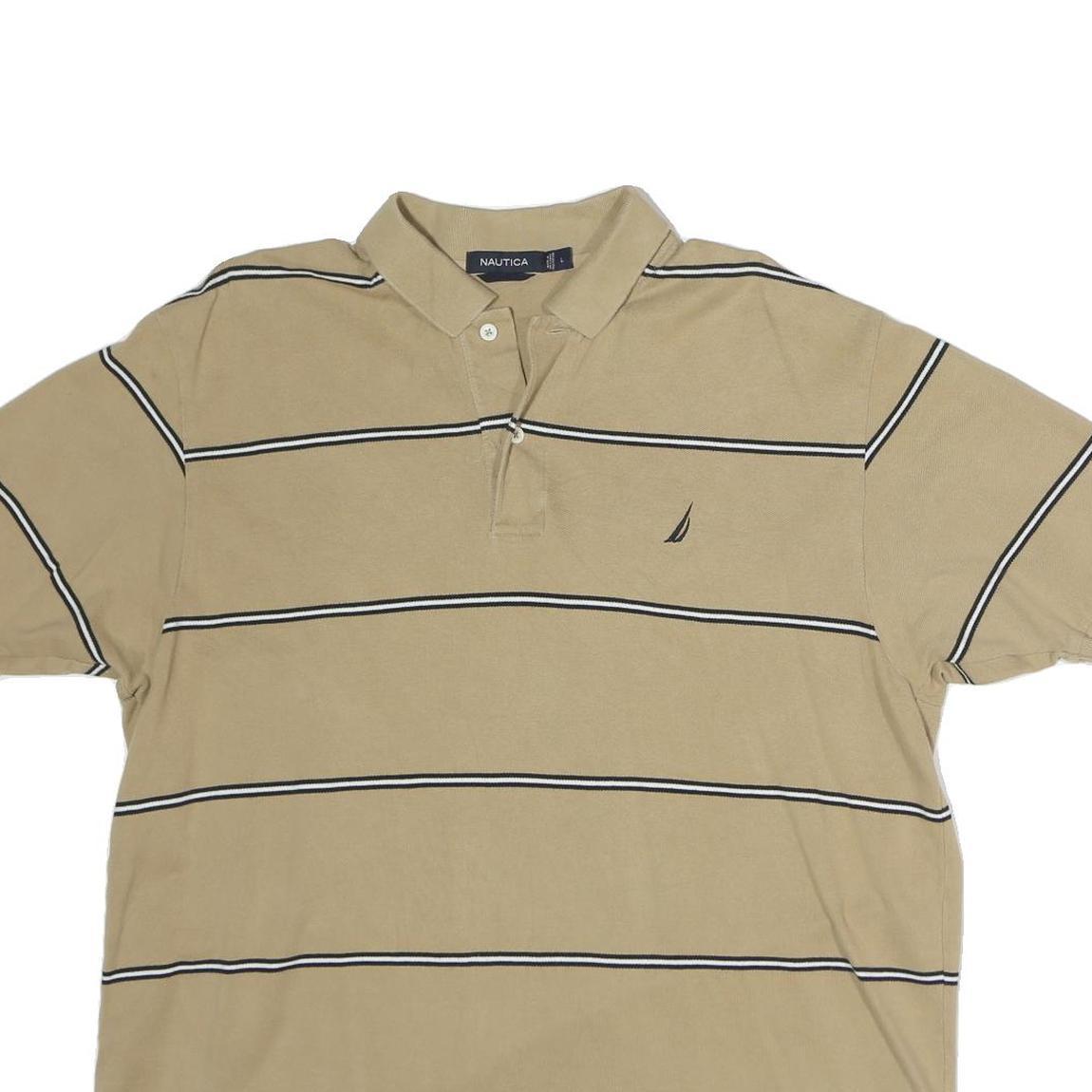 NAUTICA Mens Beige Striped Short Sleeve Polo Shirt L Cotton Casual Summer
