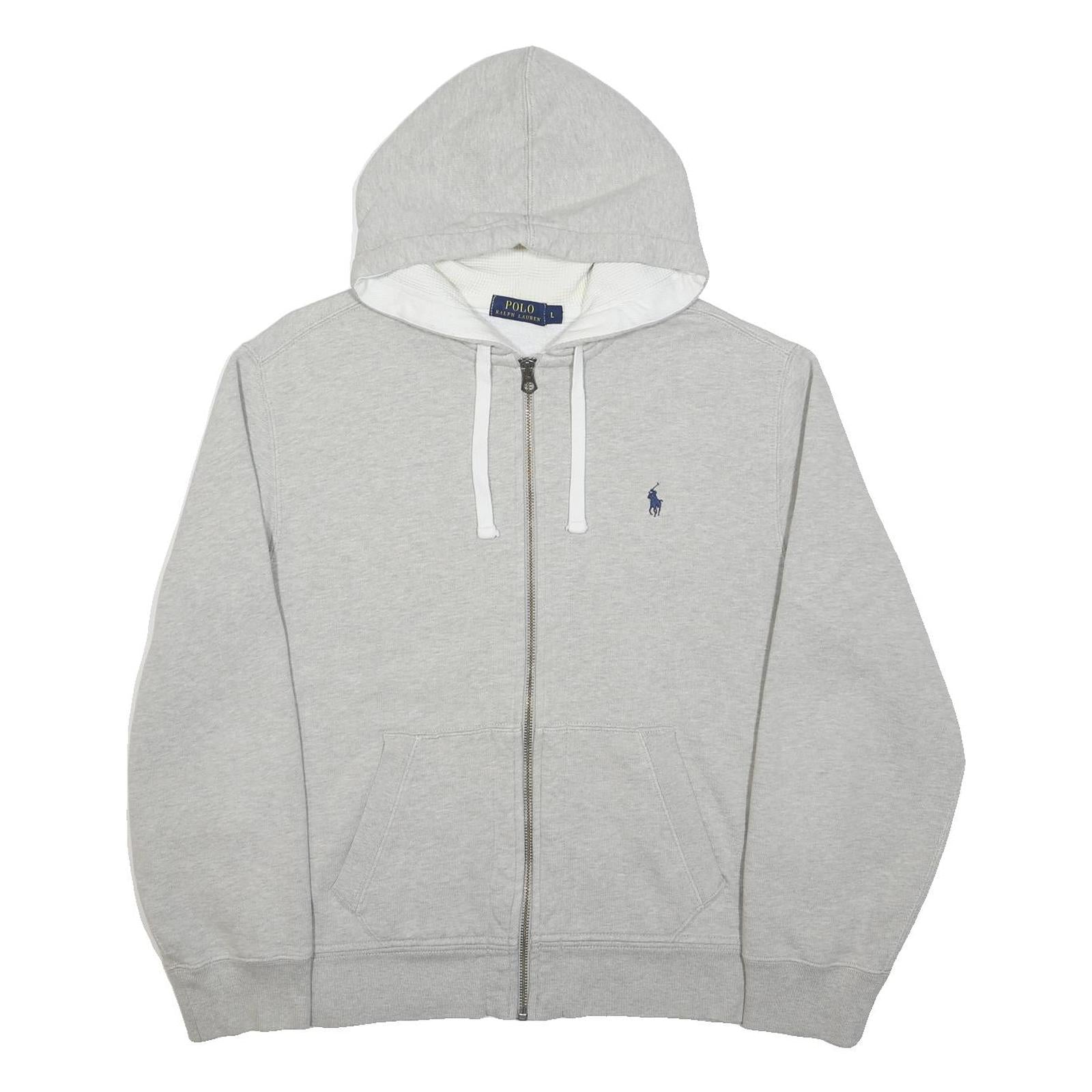 POLO RALPH LAUREN Mens Grey Hoodie L Full Zip Cotton Hooded Sweatshirt