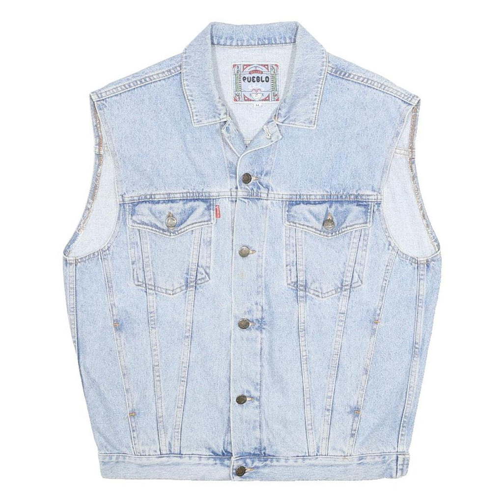 PUEBLO Mens Blue Denim Sleeveless Cotton Button Jacket M Casual Vest