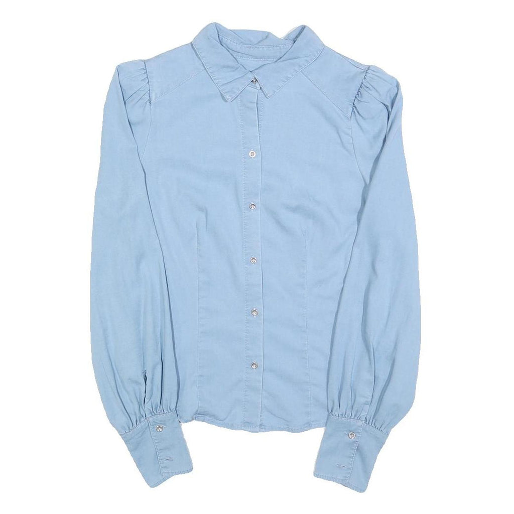 Womens Light Blue Basic Shirt Long Sleeve Button Neck S Cotton Blend