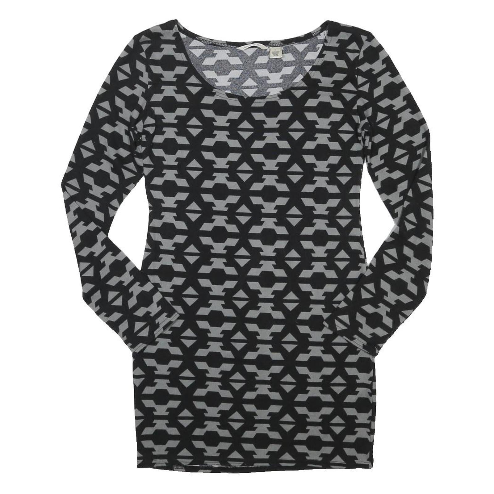 DEREK HEART Womens Black & Grey Geometric Fit & Flare Jersey Long Sleeve Short