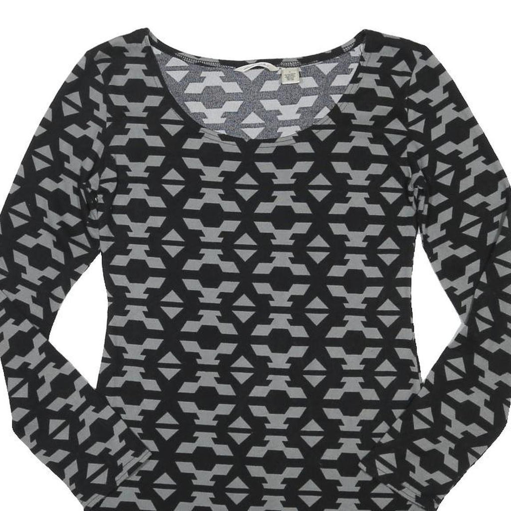 DEREK HEART Womens Black & Grey Geometric Fit & Flare Jersey Long Sleeve Short