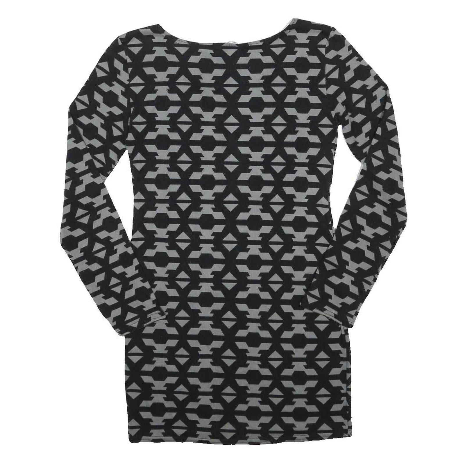 DEREK HEART Womens Black & Grey Geometric Fit & Flare Jersey Long Sleeve Short