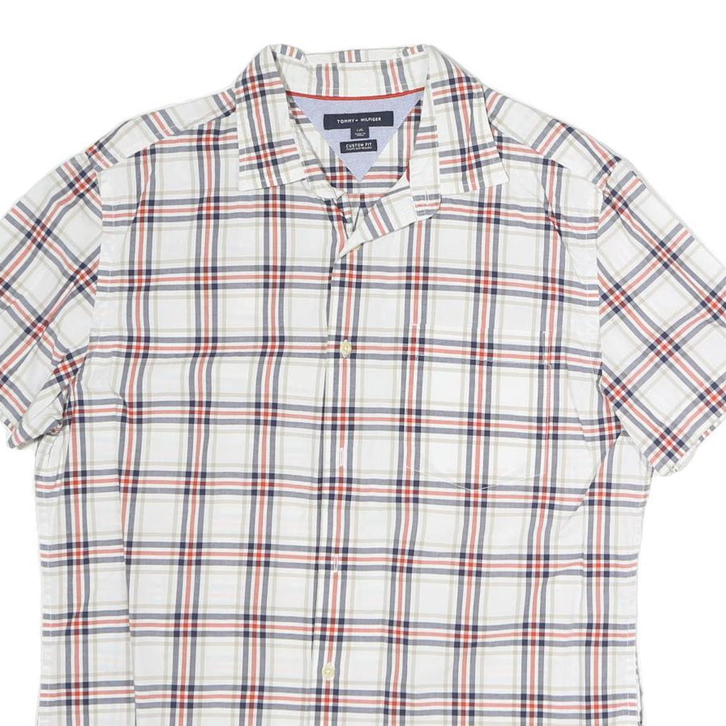 TOMMY HILFIGER Mens White & Navy Check Shirt L Short Sleeve Cotton Casual