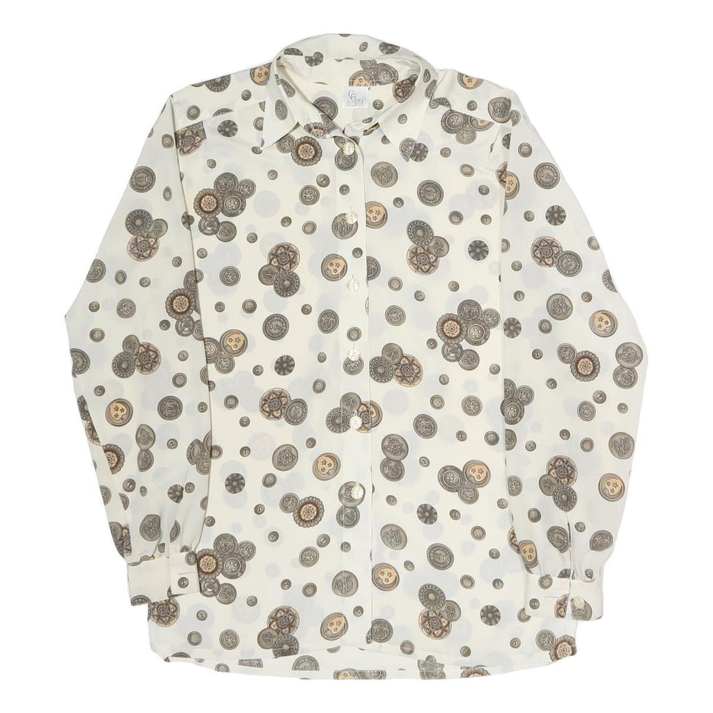 DELMOD Womens Cream Printed Shirt Long Sleeve Button Neck M Vintage Style