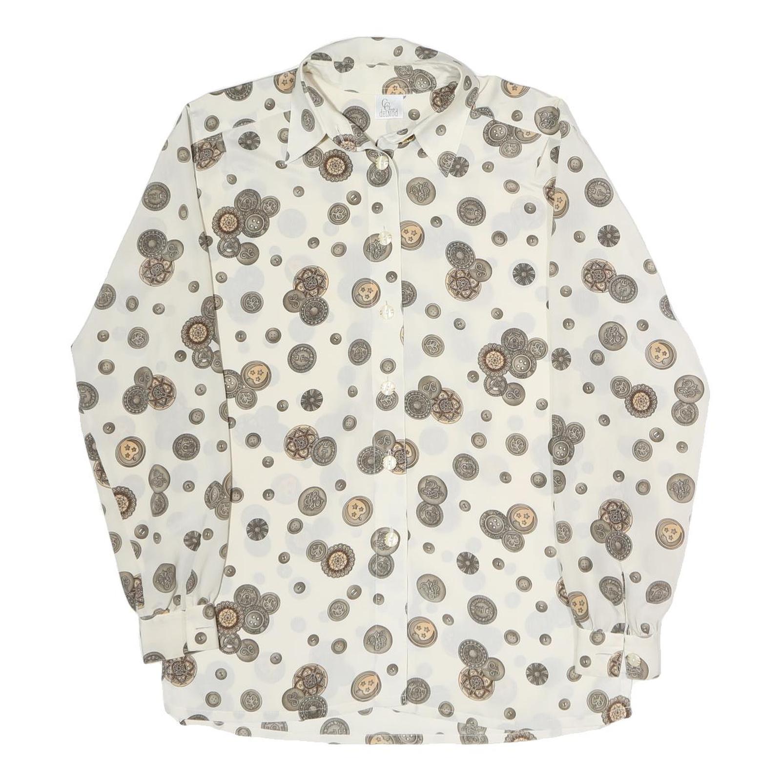 DELMOD Womens Cream Printed Shirt Long Sleeve Button Neck M Vintage Style