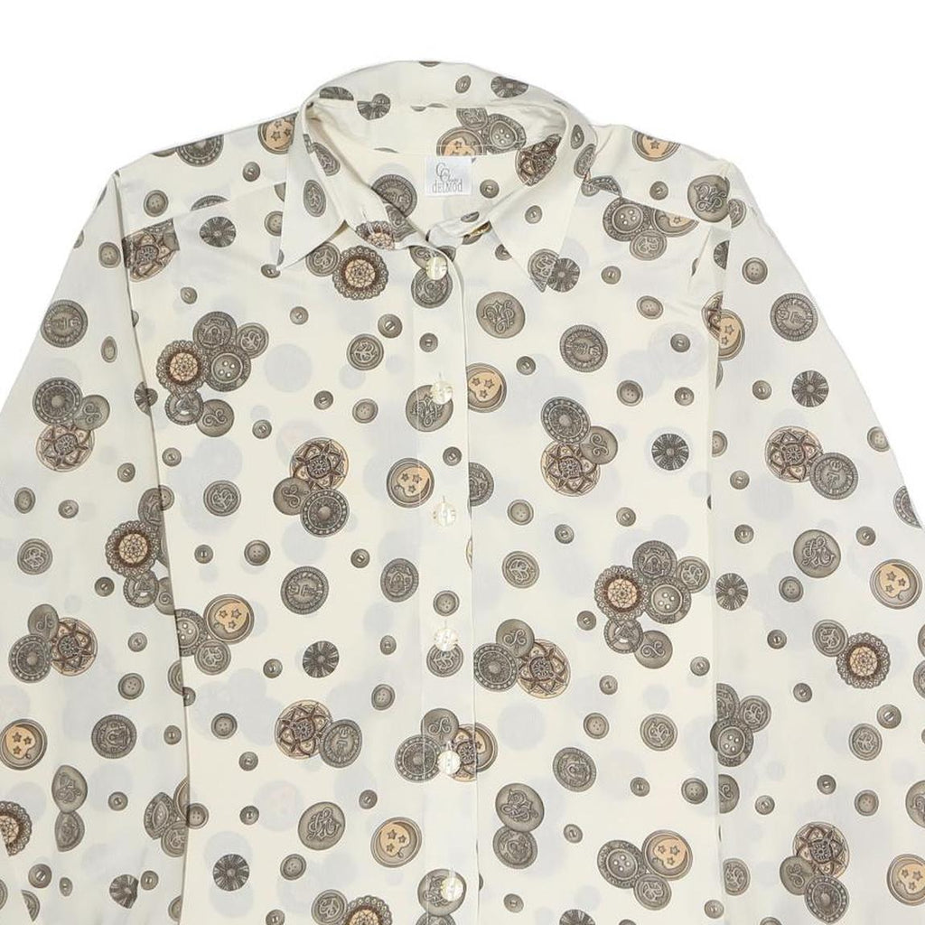 DELMOD Womens Cream Printed Shirt Long Sleeve Button Neck M Vintage Style