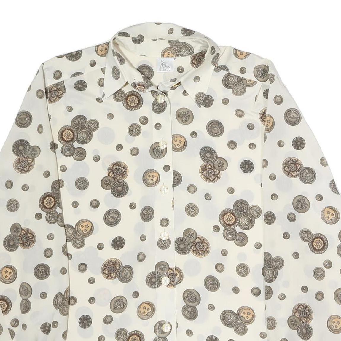 DELMOD Womens Cream Printed Shirt Long Sleeve Button Neck M Vintage Style