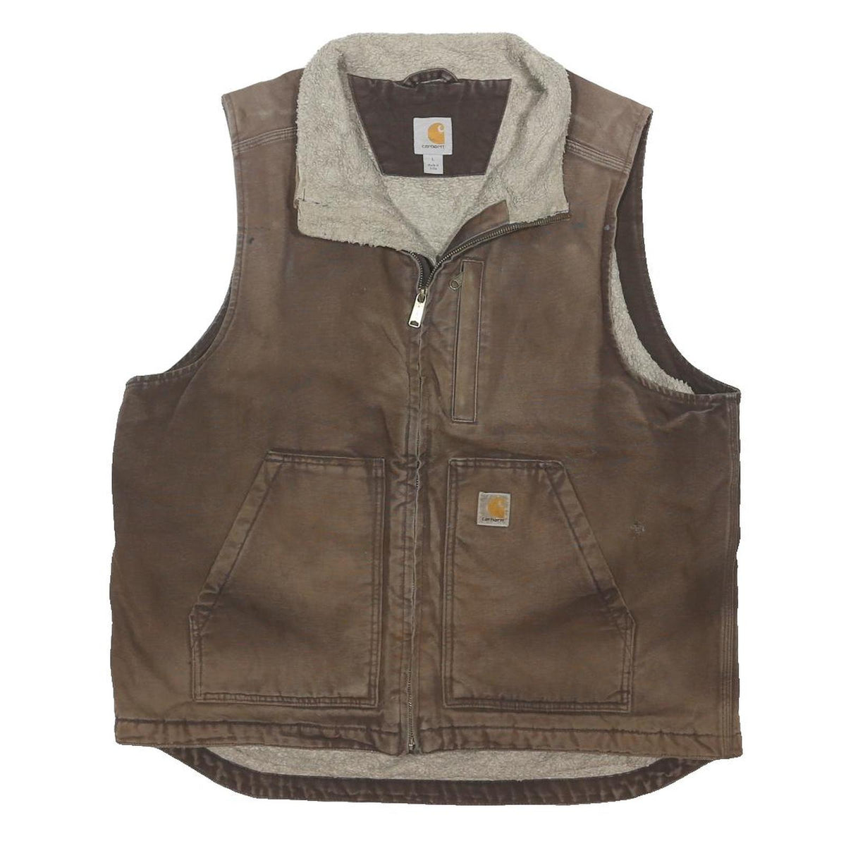 CARHARTT Mens Brown & Beige Sherpa Lined Vest Jacket L Cotton Blend Durable
