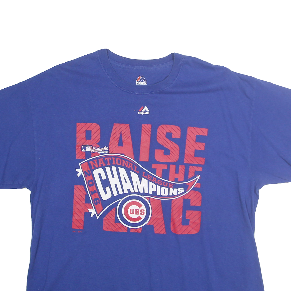 MAJESTIC Mens Blue Cubs National League Champions Graphic T-Shirt L Short Sleeve