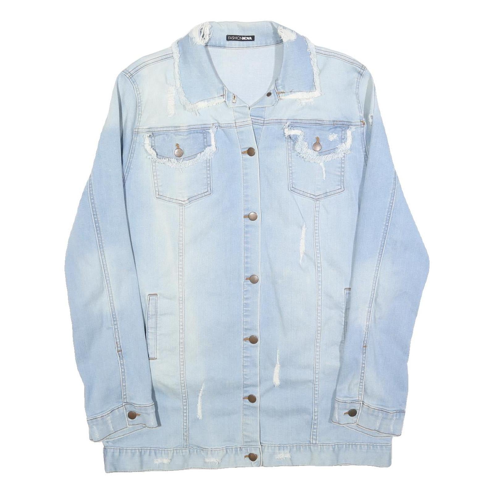 FASHION NOVA Womens Blue Denim Jacket XL Cotton Distressed Button Fastening Long