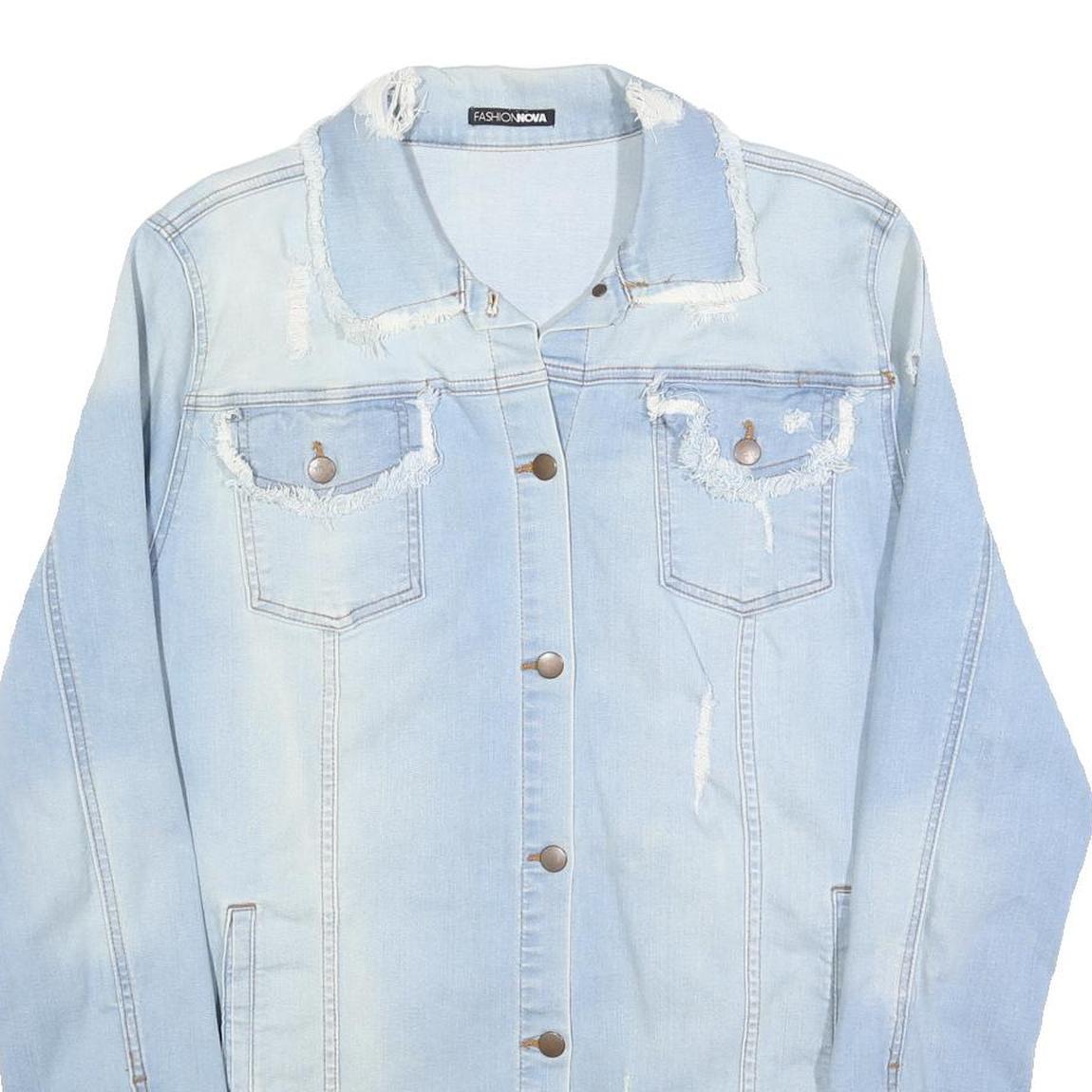 FASHION NOVA Womens Blue Denim Jacket XL Cotton Distressed Button Fastening Long