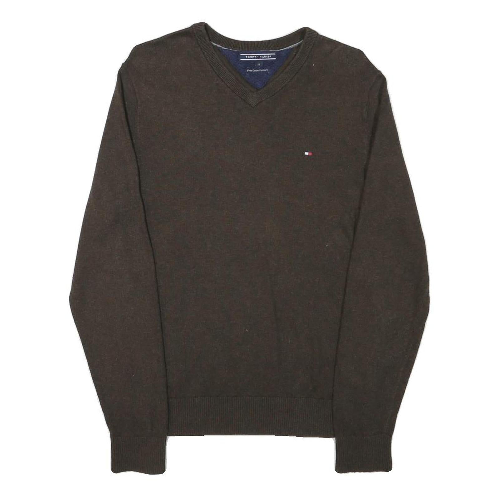 TOMMY HILFIGER Mens Brown Plain Cotton Blend Pullover V-Neck Jumper S
