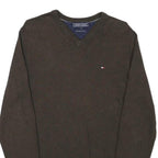 TOMMY HILFIGER Mens Brown Plain Cotton Blend Pullover V-Neck Jumper S