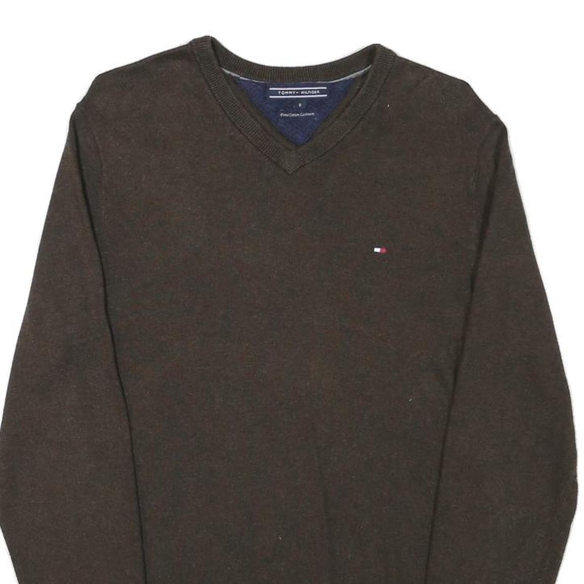 TOMMY HILFIGER Mens Brown Plain Cotton Blend Pullover V-Neck Jumper S