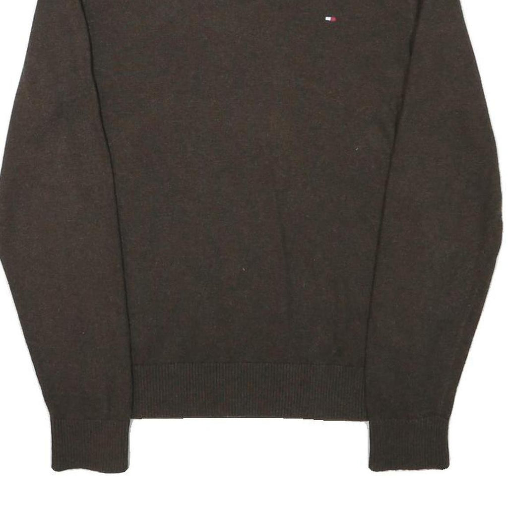 TOMMY HILFIGER Mens Brown Plain Cotton Blend Pullover V-Neck Jumper S