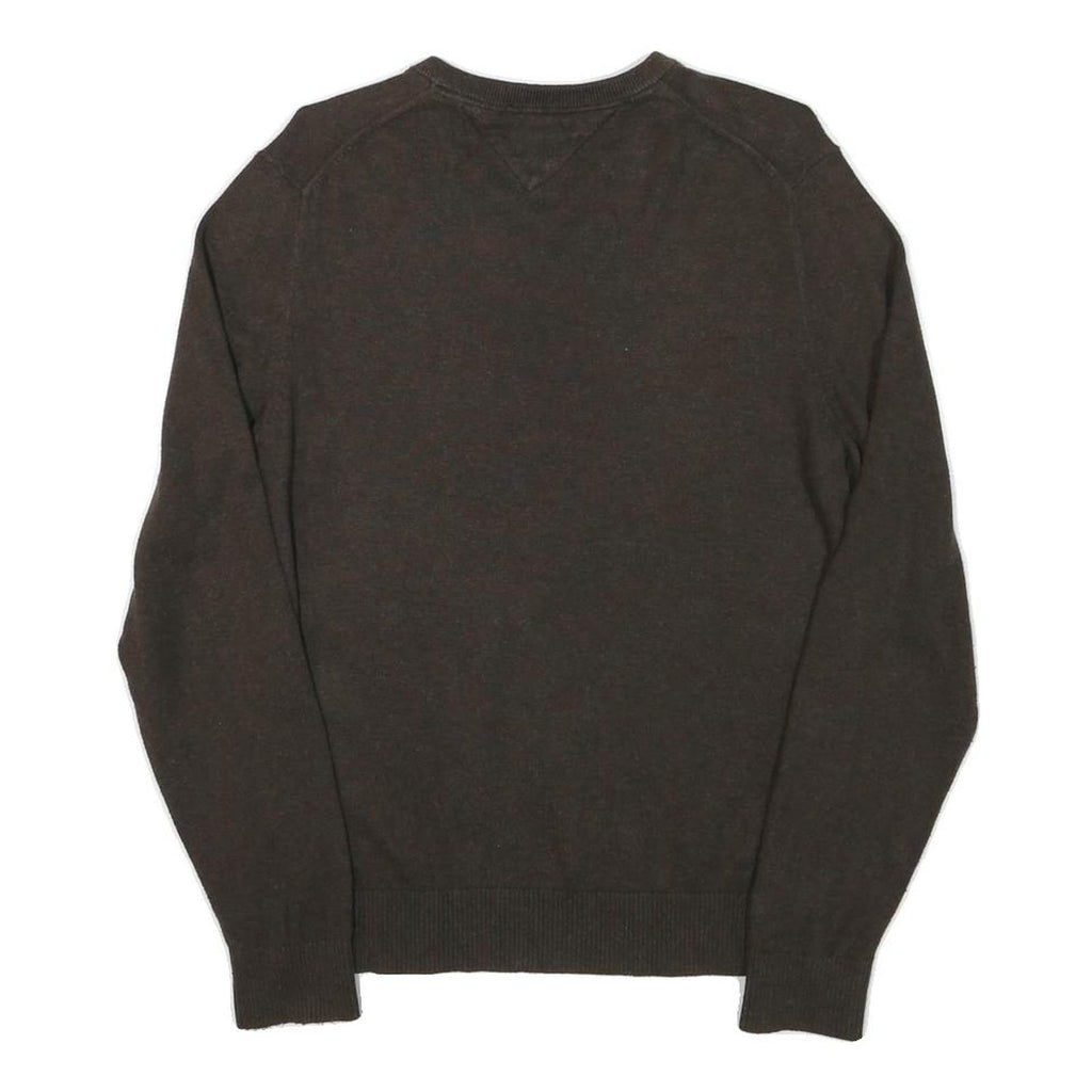 TOMMY HILFIGER Mens Brown Plain Cotton Blend Pullover V-Neck Jumper S