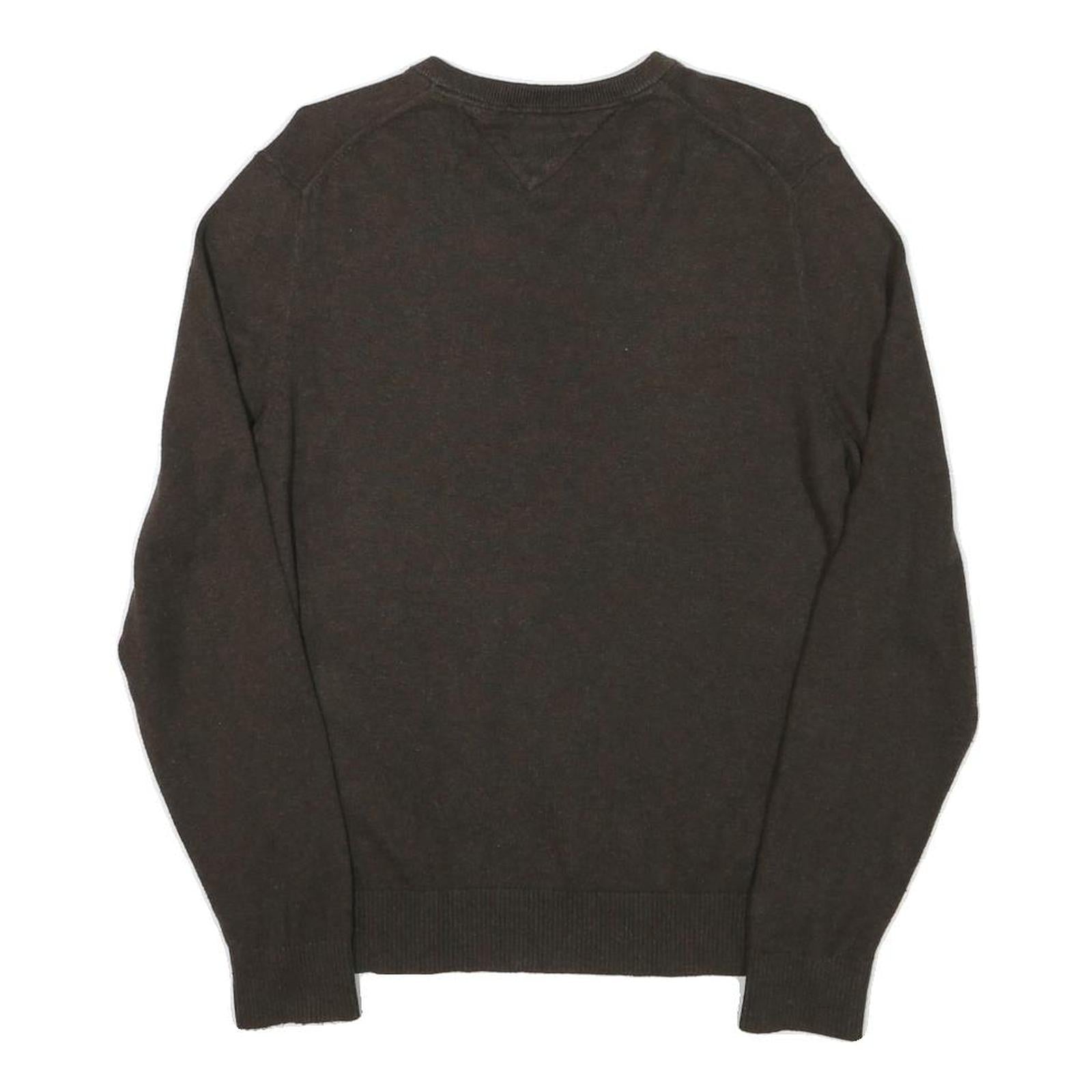 TOMMY HILFIGER Mens Brown Plain Cotton Blend Pullover V-Neck Jumper S